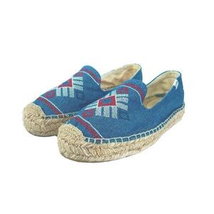 Soludos Espadrille Slip On Shoes, Denim Blue with Red & White Accents, US Size 8
